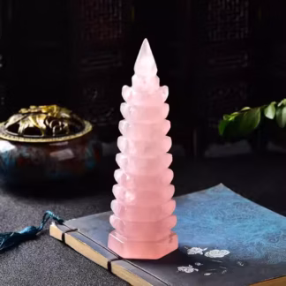 High-End Natural Rose Quartz Nine-Tier Wen Chang Pagoda with Master Blessing 師父开光-高端天然粉水晶九层文昌塔